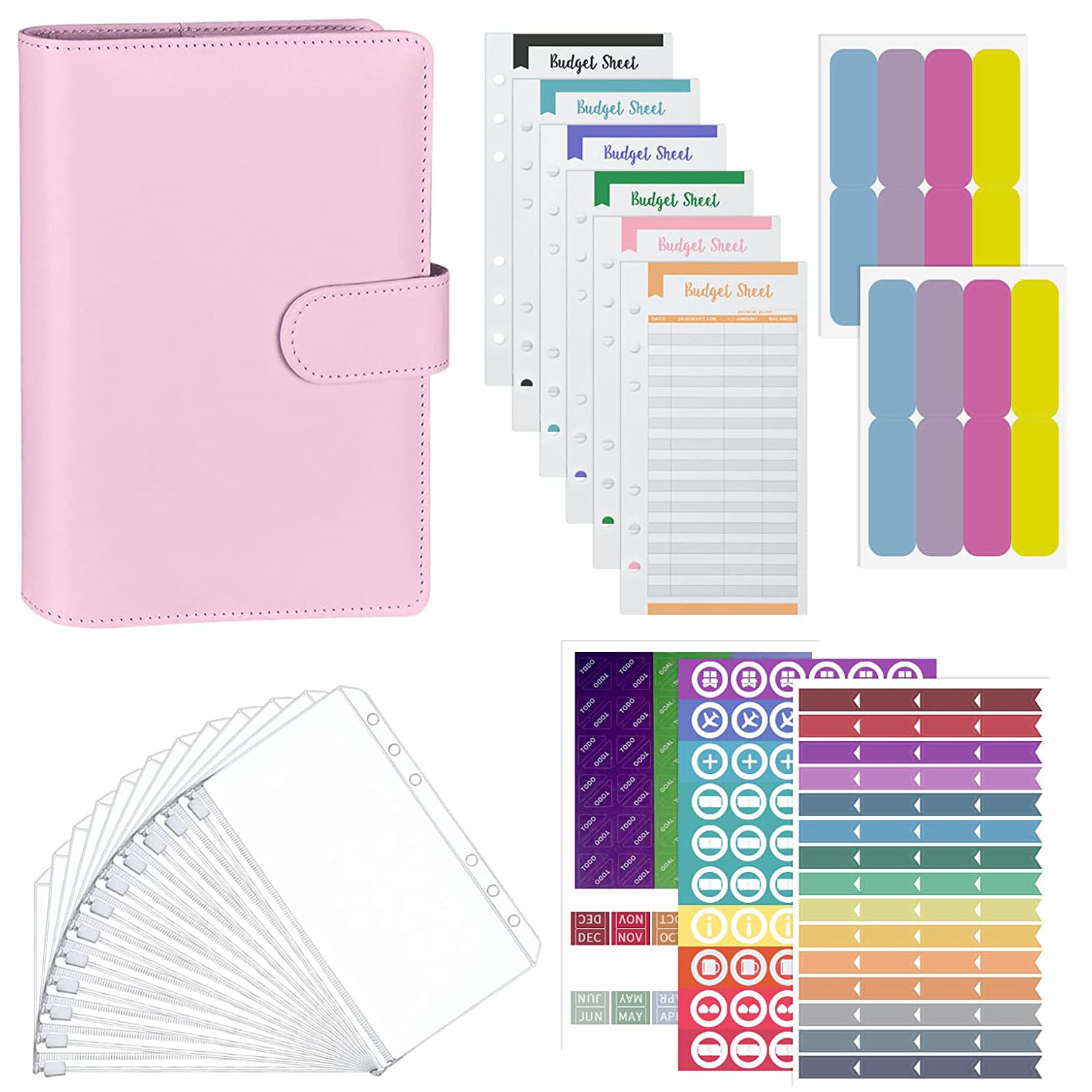 A6 PU Leather Binder12 Expense Budget Sheets,12 Binder Pockets, Sticker Labels  for Cash Envelopes Planner for Budgeting
